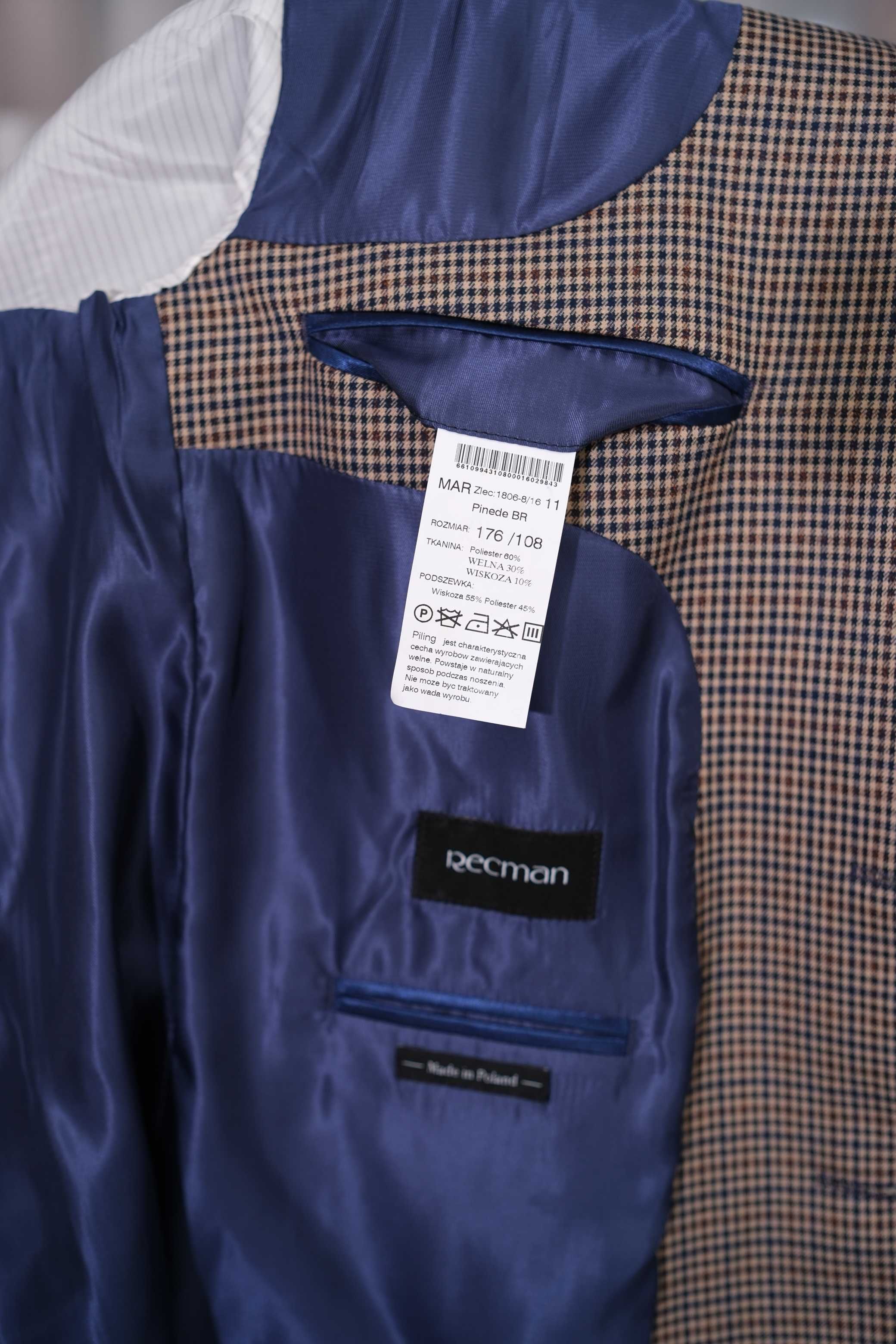 Marynarka męska RECMAN 54 XL 176/108 beżowo brązowa z granatową kratką