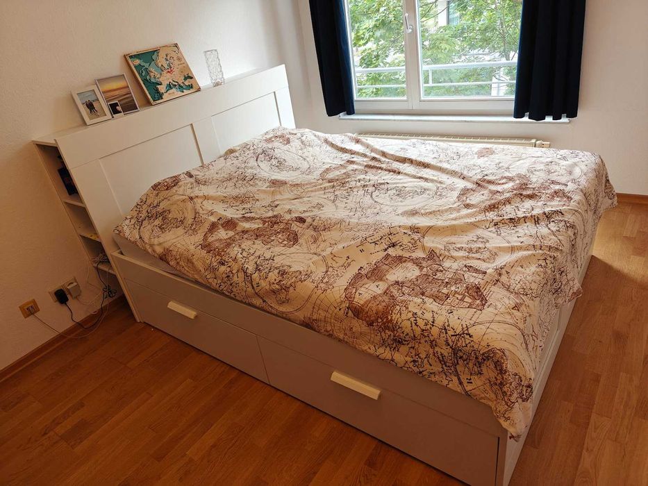 Łóżko IKEA Brimnes 160x200 + zagłówek z półkami i listwy Lönset