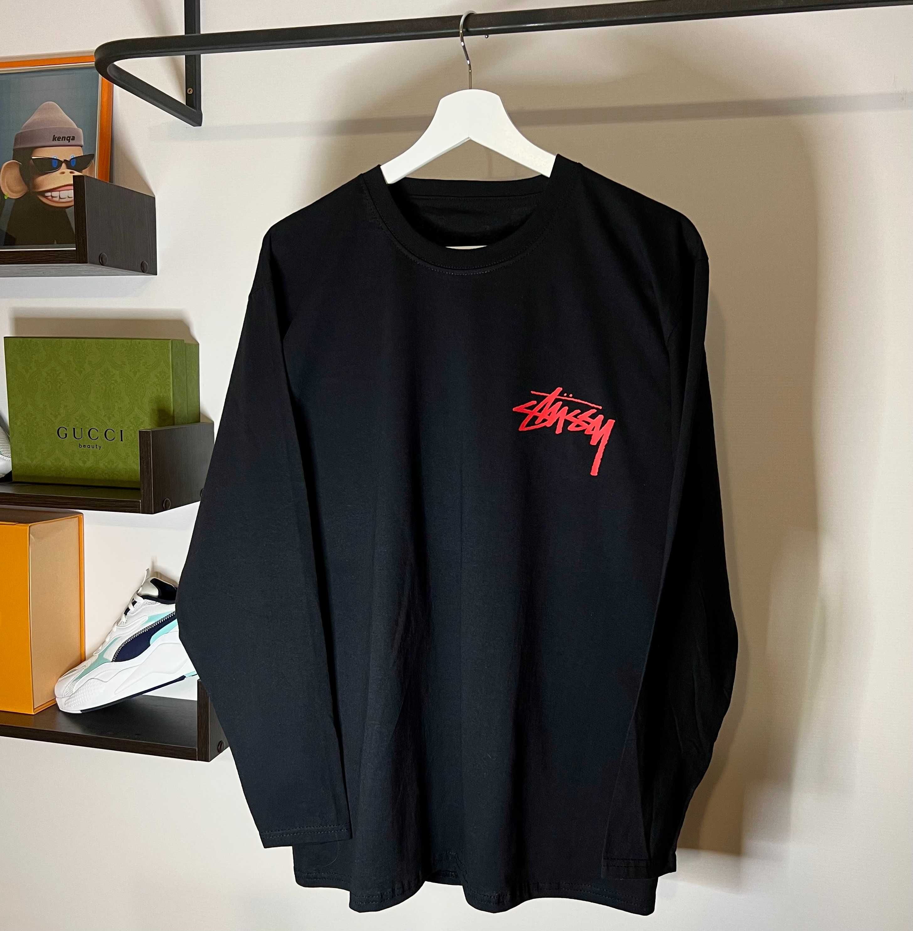 Лонгслів Stussy чорного кольору (red logo)