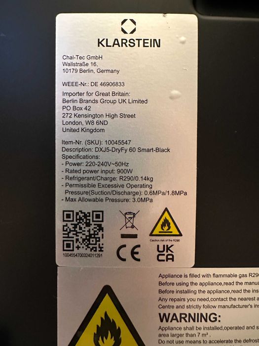 Осушувач повітря KLARSTEIN DryFy Connect 60 Wi-Fi 60л/добу (Німеччина)