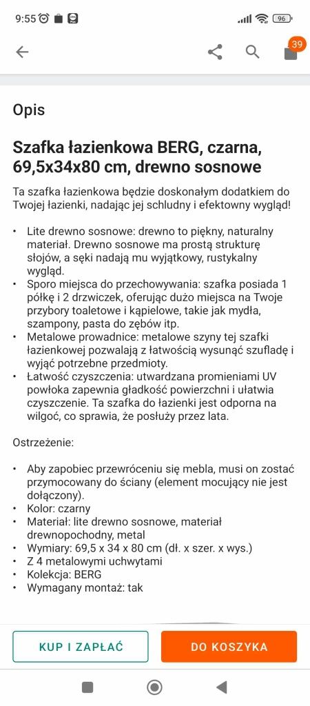 Nowa szafka łazienkowa BERG czarna lite drewno sosnowe