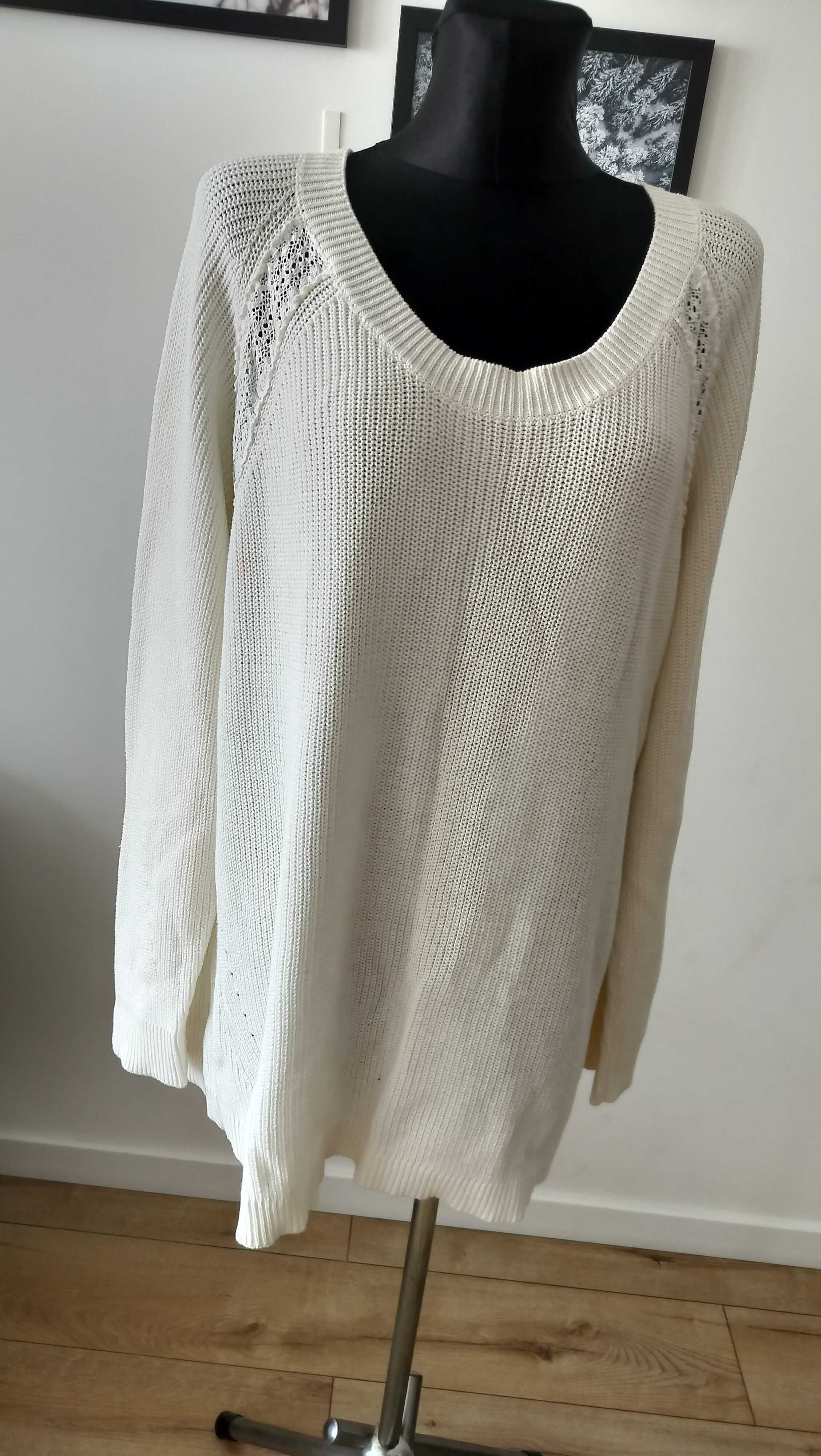 Sweter damski 48 Ulla Popken szykowny wstawki koronkowe bawełna ekri