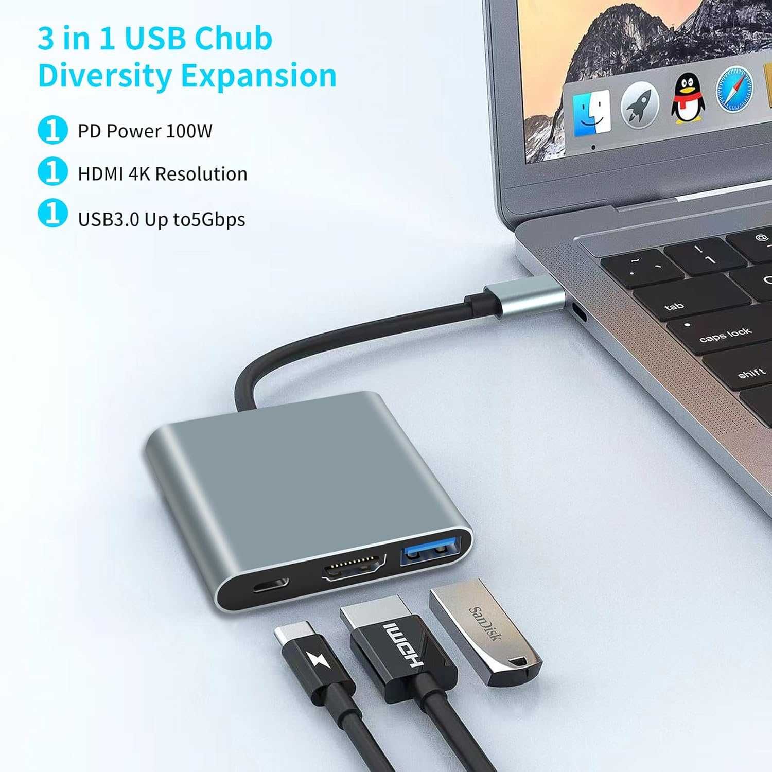 Adapter USB C do HDMI, 3-w-1 HDMI do USBC Digital AV