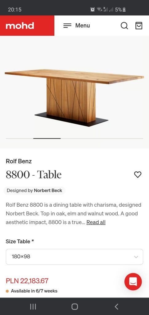 Niespotykany stół drewniany Rolf Benz 180x98