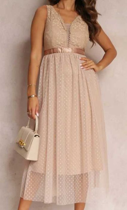 Sukienka damska tiulowa z koronką beżowa r. S