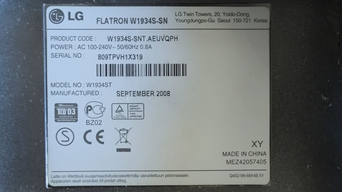 Monitor LG 19 cali 16:9