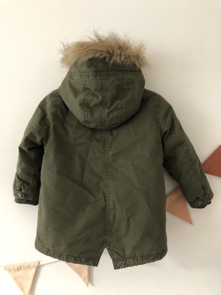 Zimowa ocieplana parka Zara z kapturem 18-24 miesiące roz 92