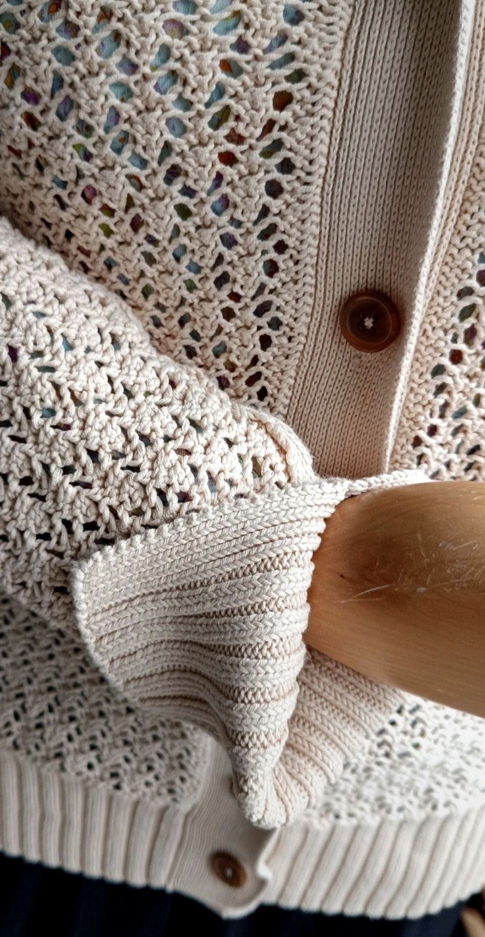 Sweter kardigan biust 46x2 M L beżowy vintage ażurowy bawełna