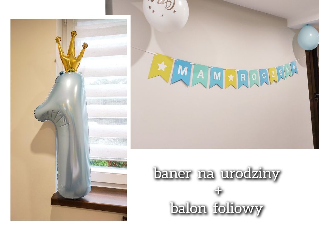 dekoracje na urodziny baner "mam roczek" / balon foliowy cyfra 1