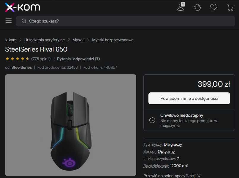Bezprzewodowa mysz komputerowa SteelSeries Rival 650