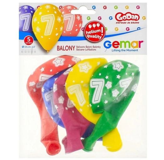 Balon lateksowy cyfra 7 zestaw 5 sztuk wielokolorowy Gemar