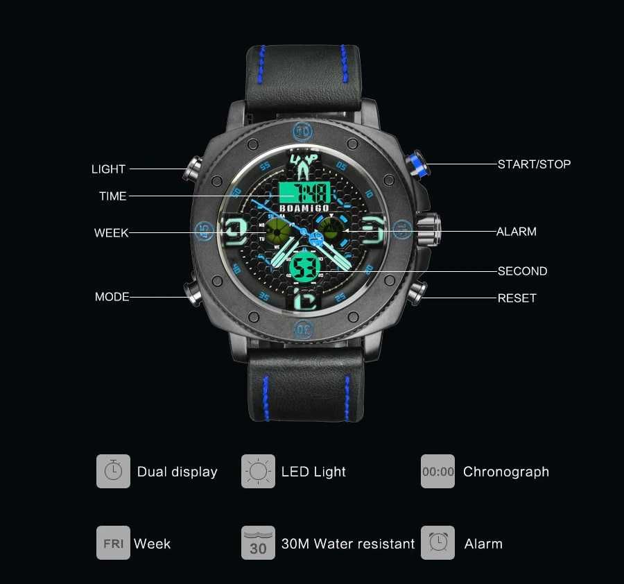 Nowy Zegarek czarny podwójny cyfrowy analogowy podświetlanie pudełkiem