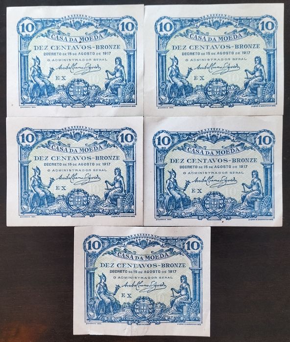 Lote 5 Cédulas 10 Centavos 1917 Portugal Todas Mesma Série Novas EX