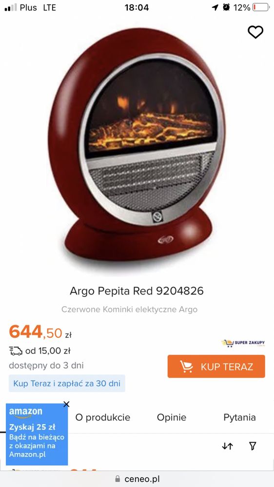 Nowy Kominek elektryczny Pepita czerwony 750W / 1500 W