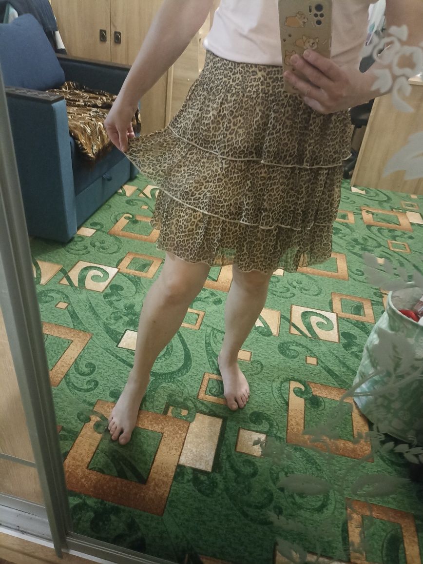 Пишна міні юбка Натуральний шифон, юбка в леопардовий принт