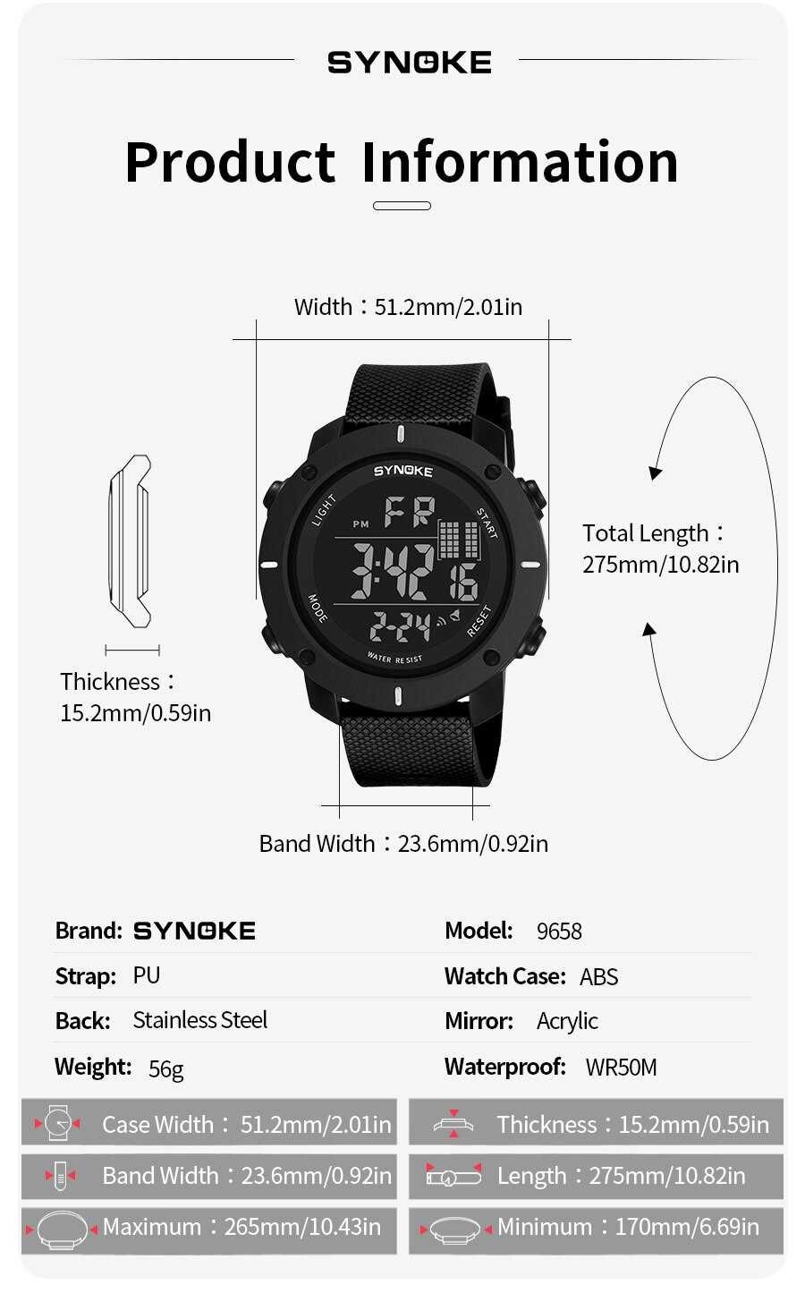 Sportowy zegarek elektroniczny Synoke cyfrowy LED wodoszczelny WR50