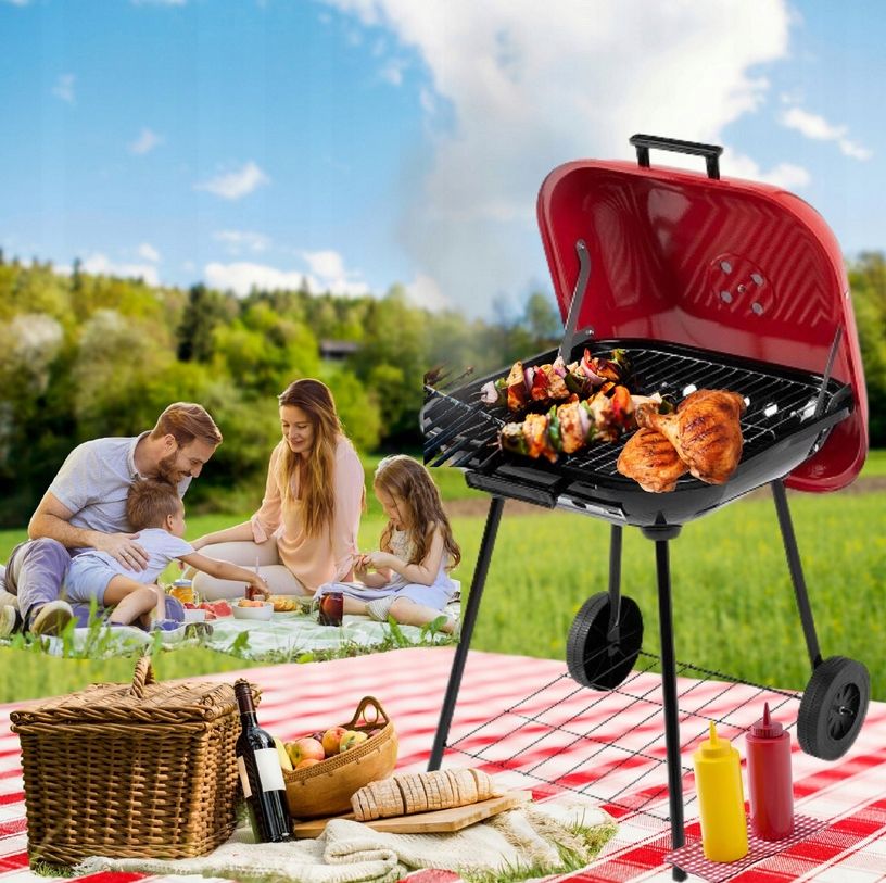 Grill węglowy ogrodowy ruszt 43,5x43,5cm kółka z pokrywą przenośny