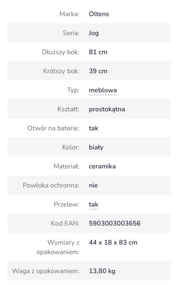 Oltens Jog umywalka 81x39 cm meblowa prostokątna biała