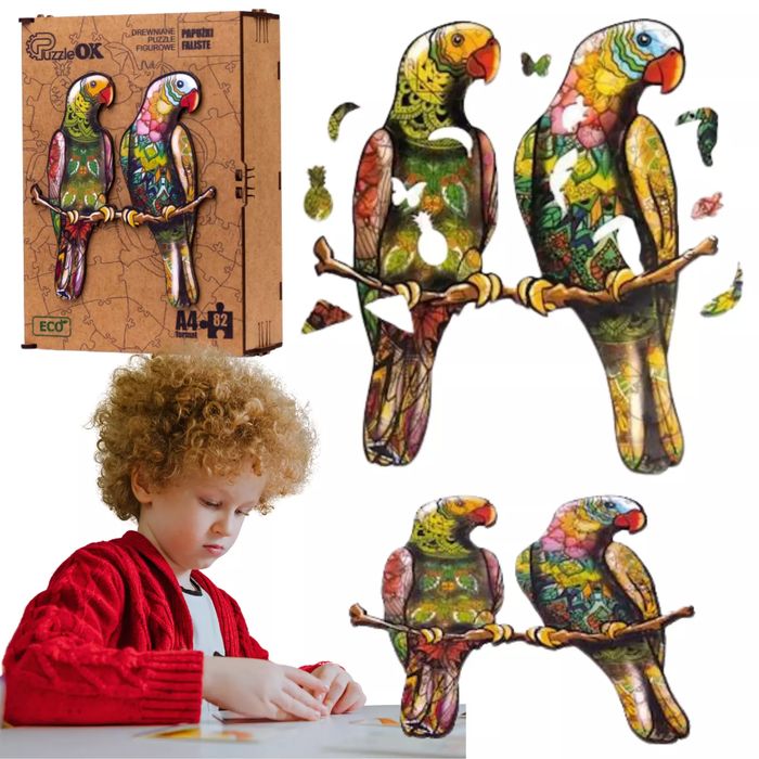 Puzzle drewniane eko 82 elementy. Papużki faliste. PuzzleOK