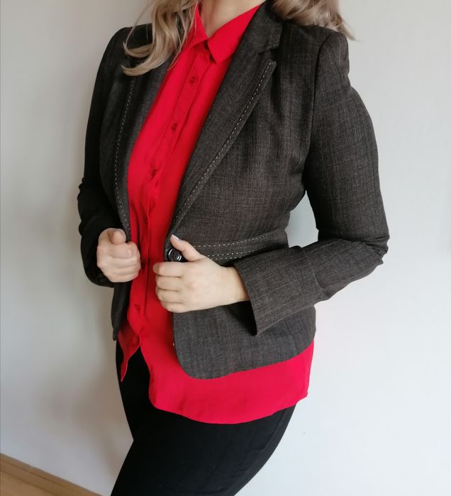 Elegancki klasyczny żakiet brązowy z przeszyciami F&F r. 40