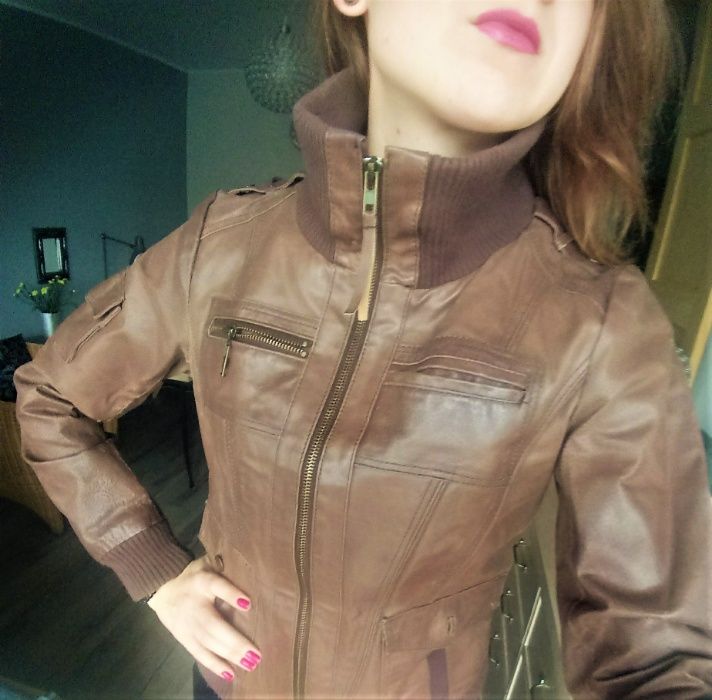 Kurtka pilotka skórzana VERO MODA JEANS brązowa M rudo-brązowa skóra