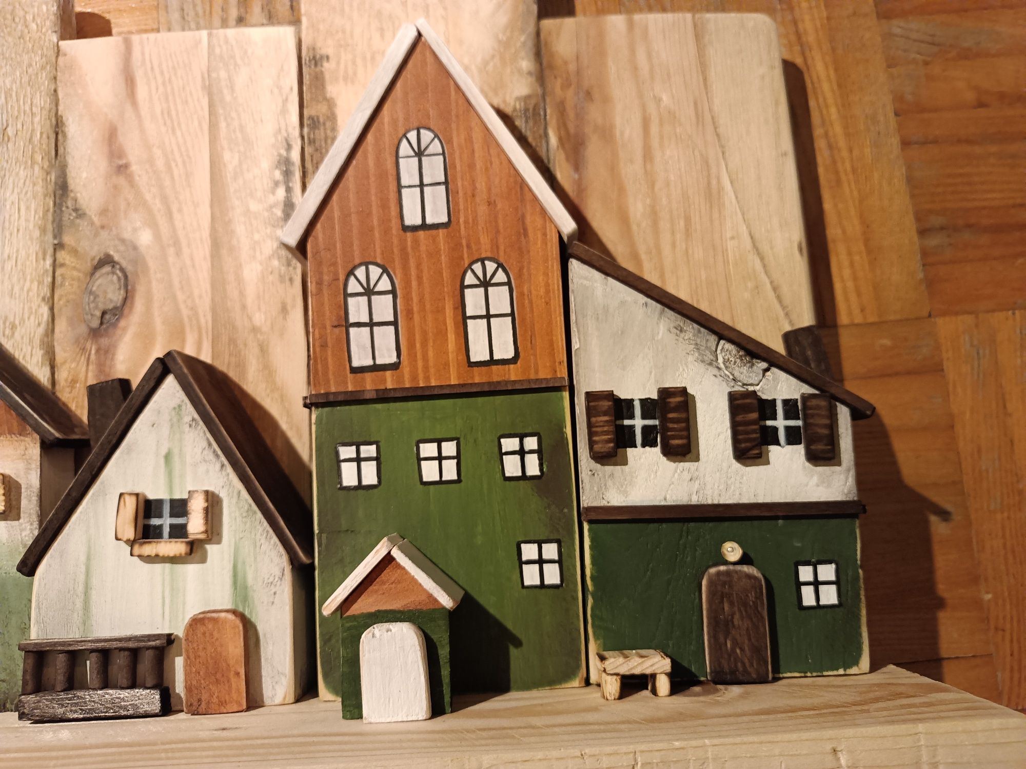 Wieszak drewniany domki hand made dekoracja ozdoba