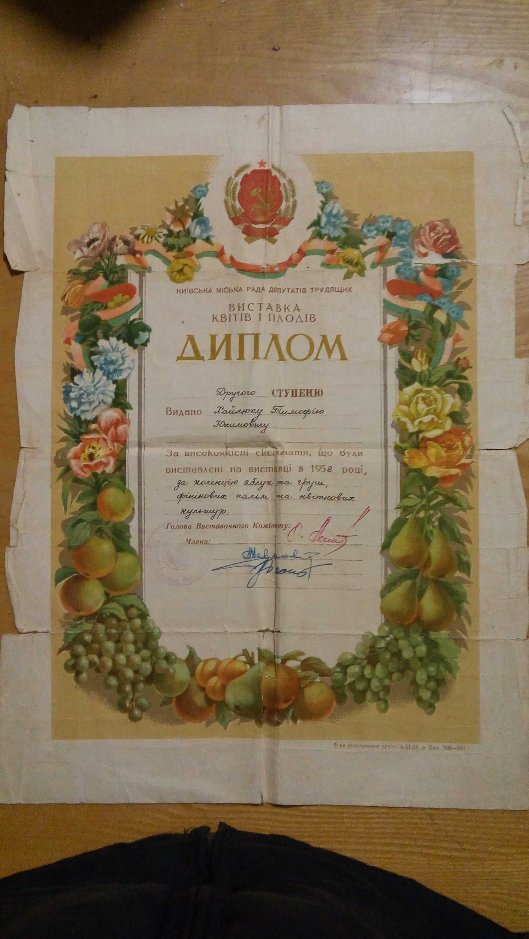 Диплом ВДНХ СССР большого формата 1958 год
