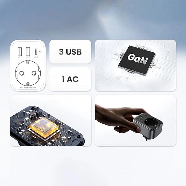 Ładowarka sieciowa 30W (2xUSB/USB C/AC) / adapter EU - EU 13A Ugreen C