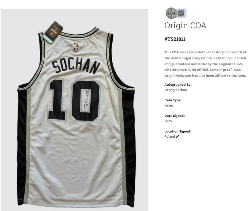 Jeremy Sochan San Antonio Spurs NBA koszulka z autografem + certyfikat