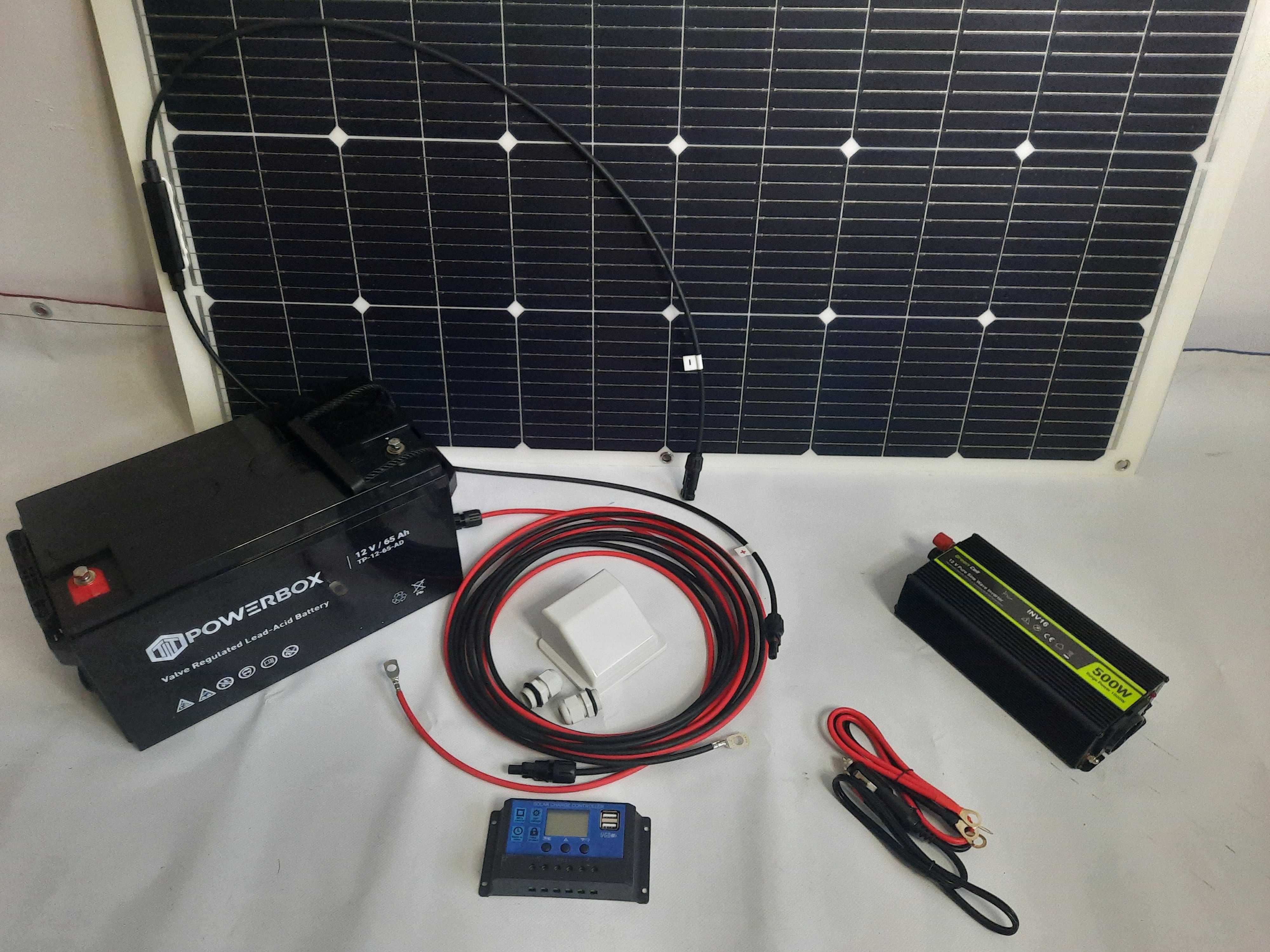 panel 100W akumulator 65ah przetwornica regulator kable ZESTAW SOLARNY