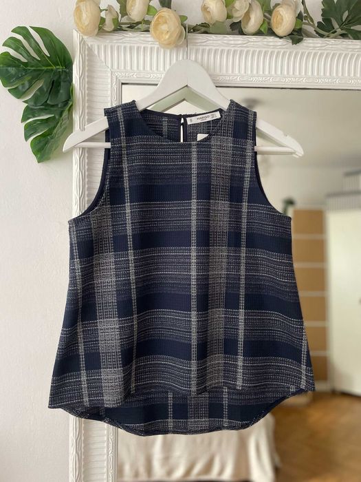 Mango top granatowy w kratkę krata elegancki vintage wiskoza S 36