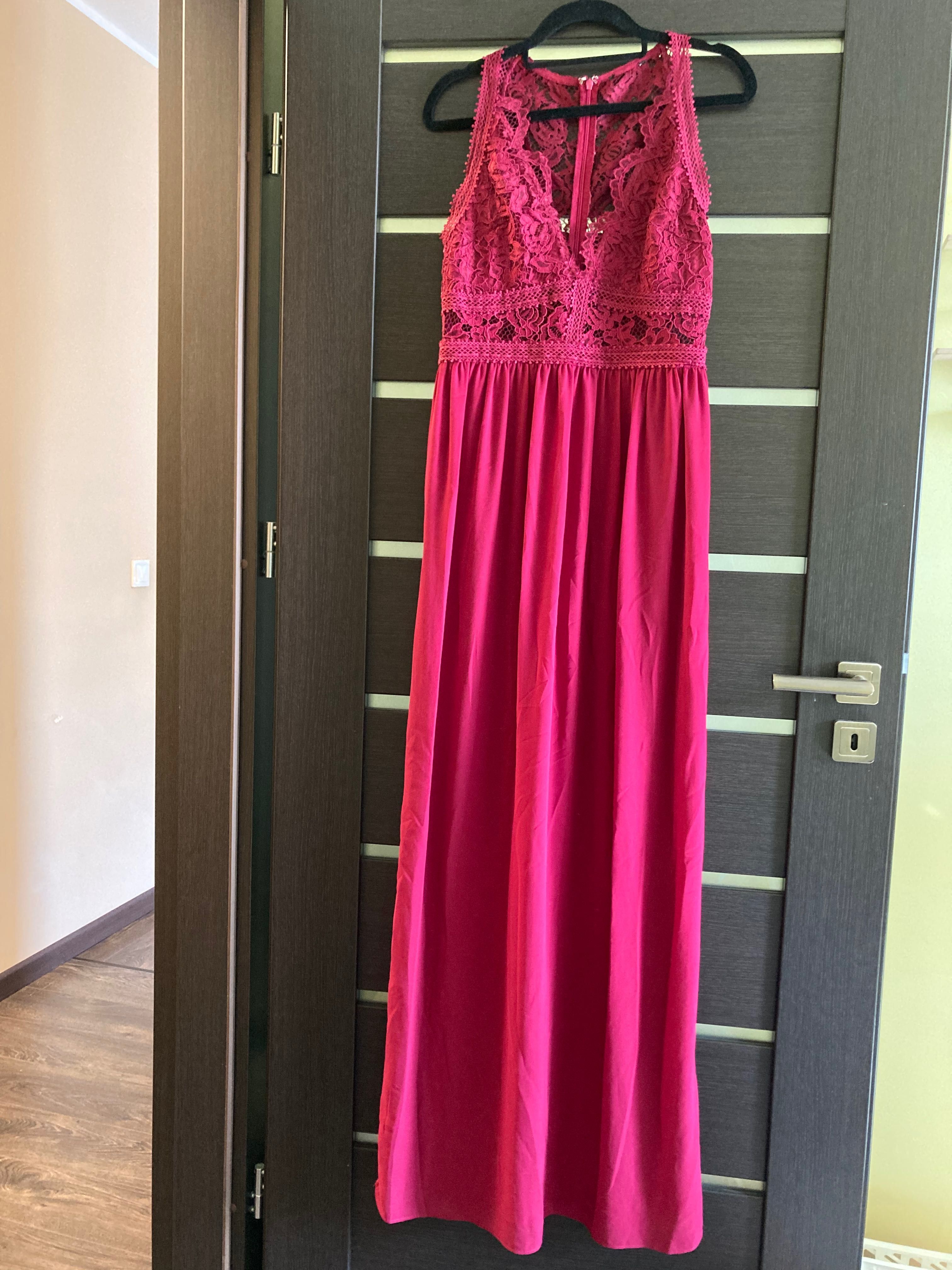 Bordowa długa sukienka z koronkową górą i podszewką rozmiar 36