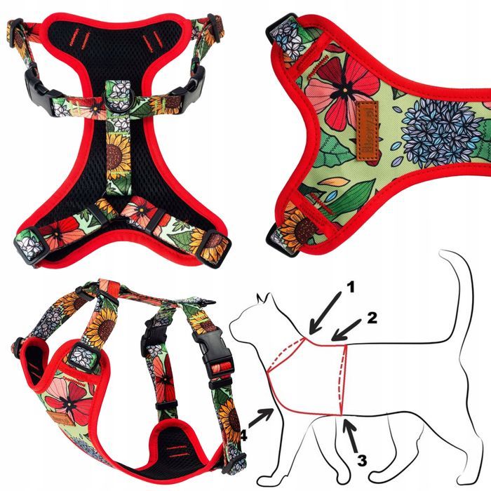 bezuciskowe szelki na spacery dla małej kotki regulowane w kwiatki