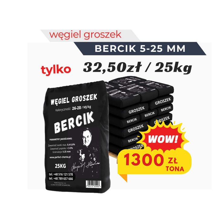Wysokokaloryczny Polski Węgiel - GROSZEK BERCIK Worki 25 KG 1 Tona