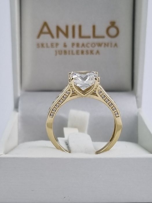 Obłędna złoty nowy damski pierścionek z dużym białym oczkiem 14k 585