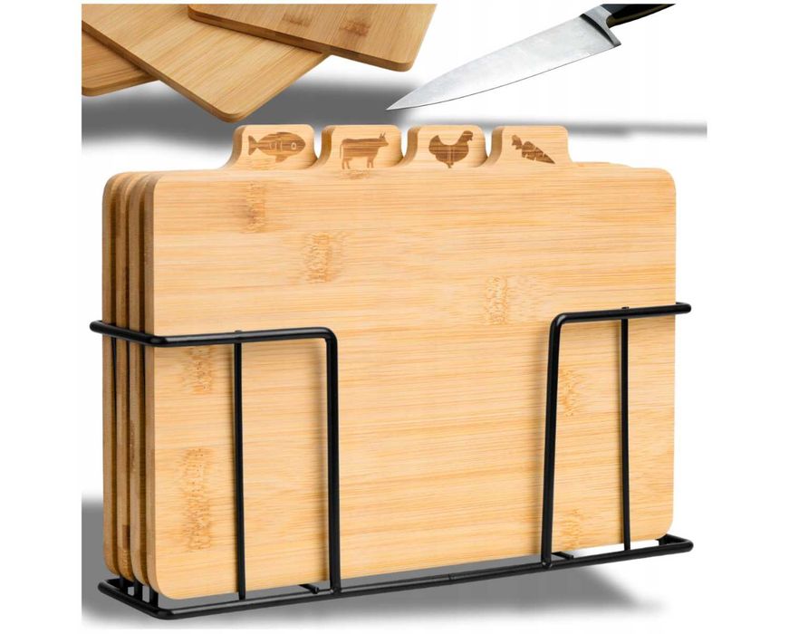 Deski do Krojenia Drewniane Bambusowe Kuchenne Zestaw Stojak Metalowy