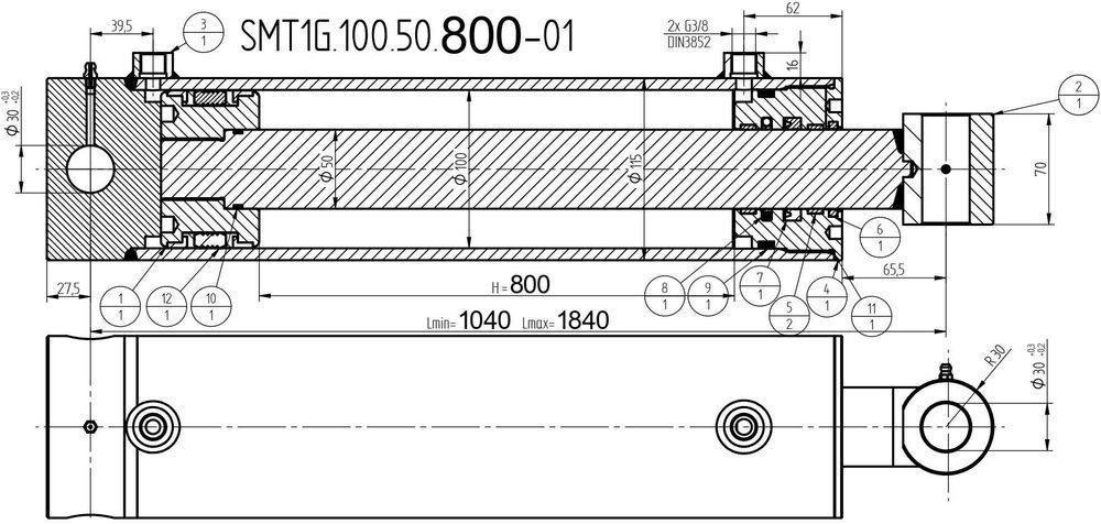 Siłownik Hydrauliczny SMT1G 100x50 Skok 800 2-STR [2679]