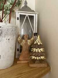 Drewniane ozdoby świąteczne aniol i choinka pozłacane naturalne