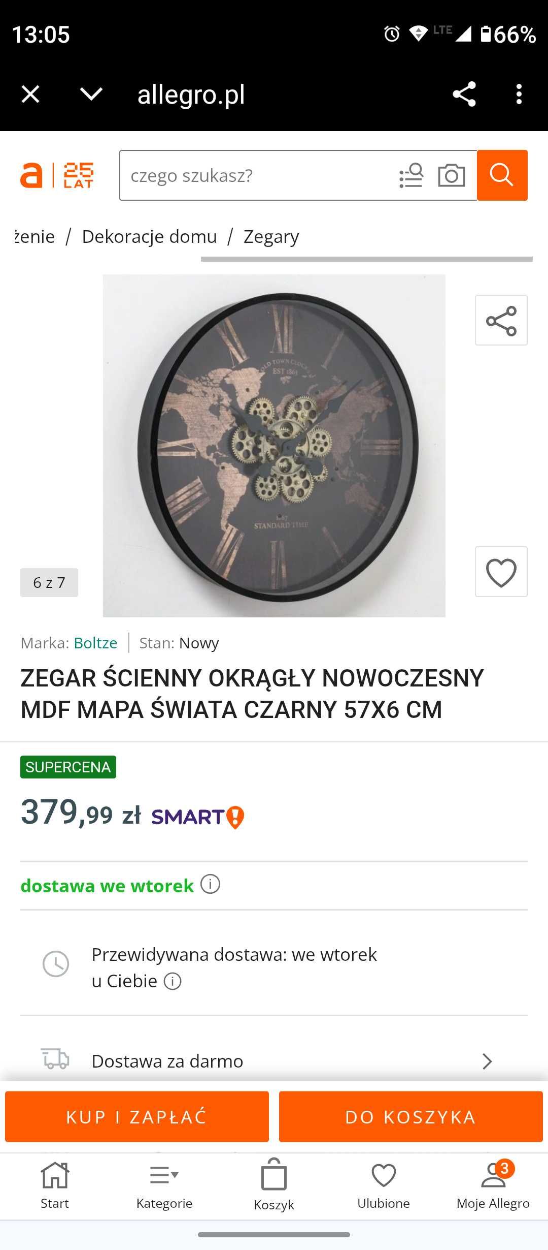 Bardzo duży zegar 55 cm mapa świata loft