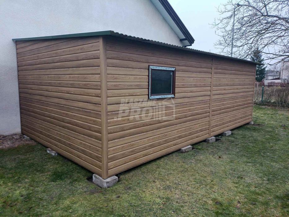 Garaż blaszany 4x7m  okno  drewnopodobny - dach spad w bok GP519