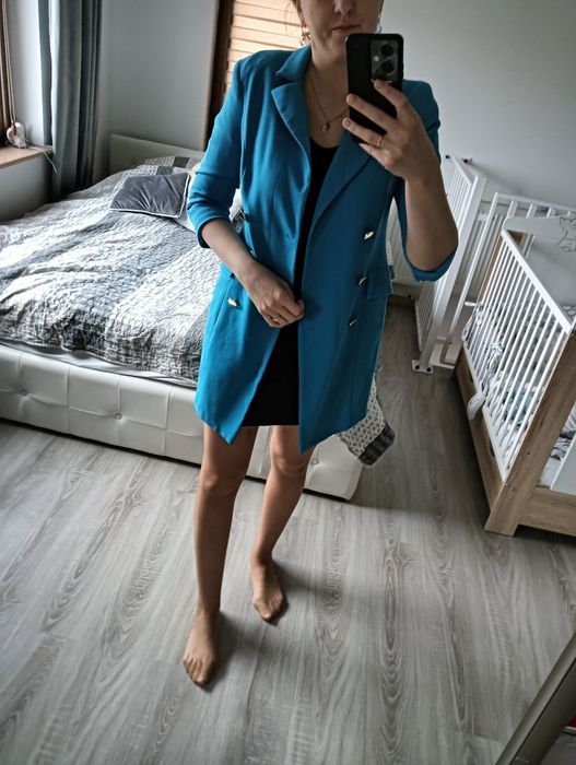 Długi żakiet marynarka damska niebieska rozmiar S