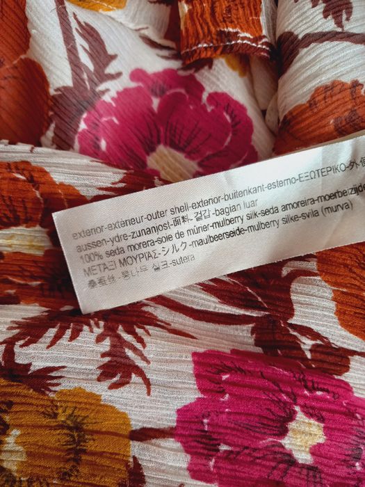 Massimo Dutti jedwabna koszula w kwiaty bez kołnierzyka dekolt V seda