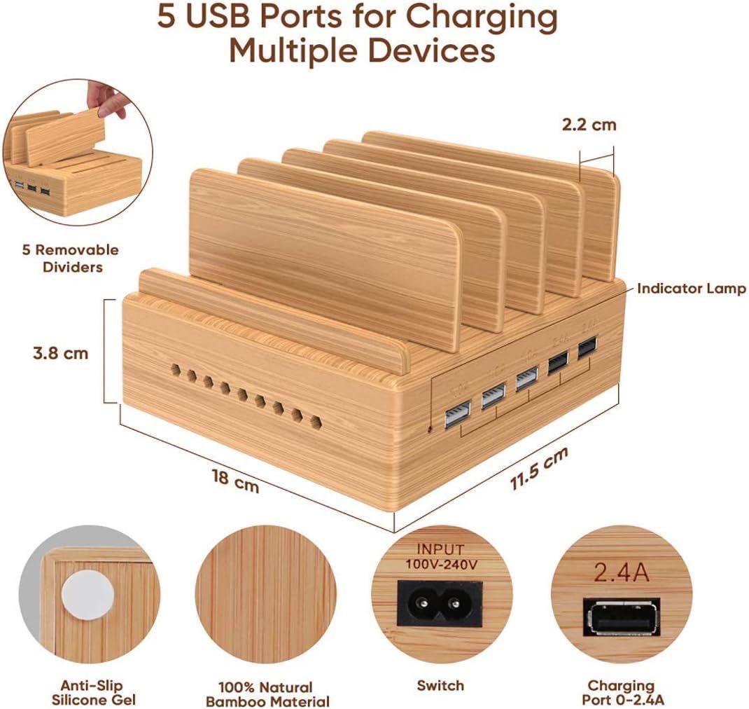 5 portów USB Stacja ładująca Bamboo