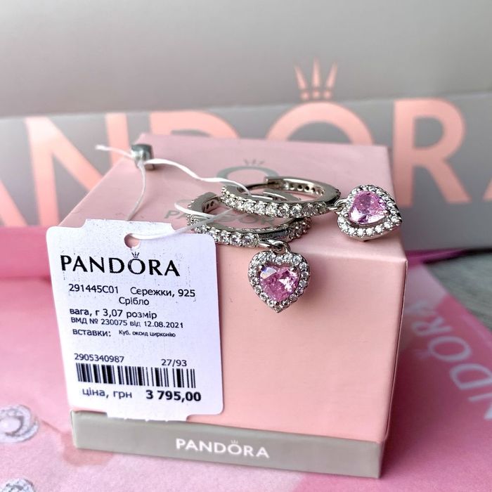 Сережки Pandora Пандора/ Серьги Pandora/ оригінал нові кільця срібло