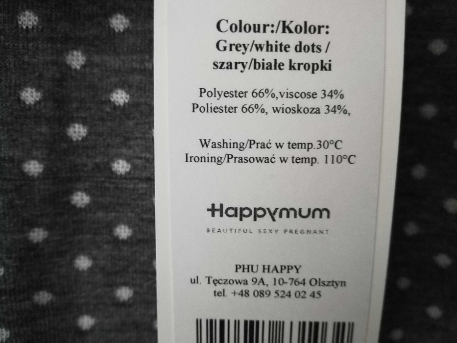 Sukienka ciążowa Happymum, szara w białe groszki, rozmiar S, nowa