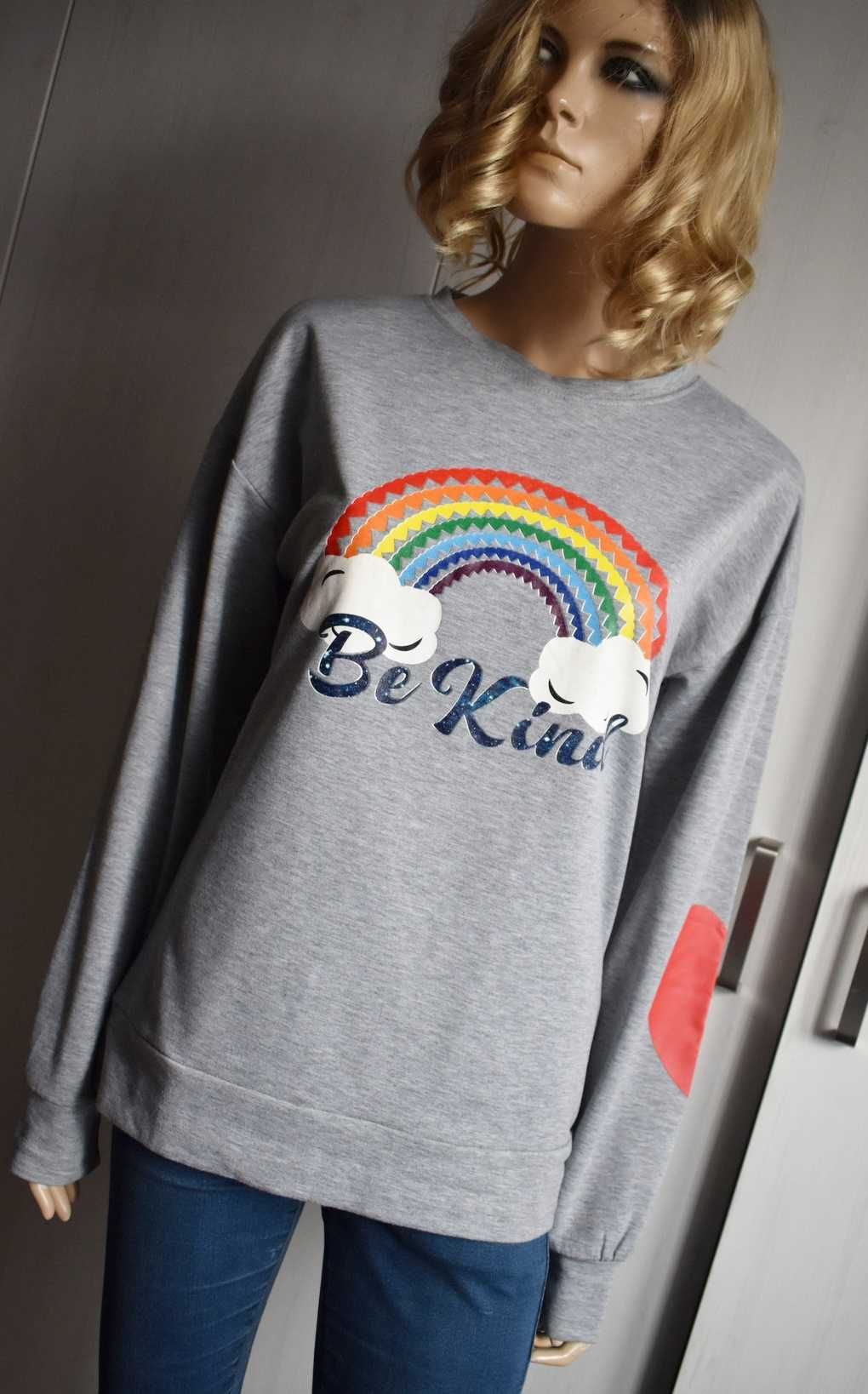 Bluzka 36 S koszulka z długim rękawem tęcza Be Kind bawełniana szara