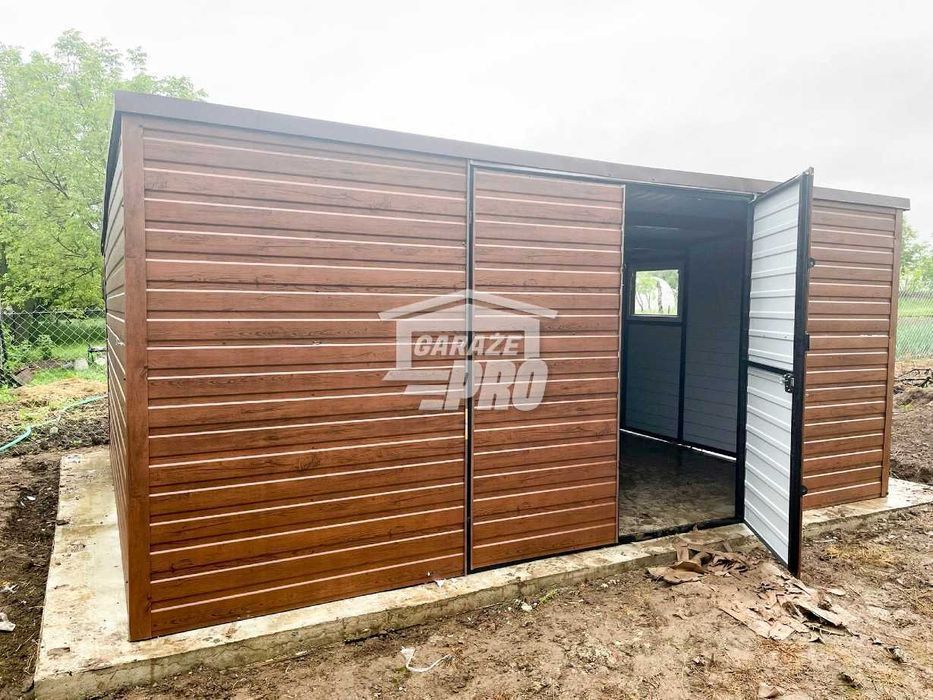 Domek ogrodowy Garaż 6x4m  Brama +okno drewnopodobny spad w tył GP125