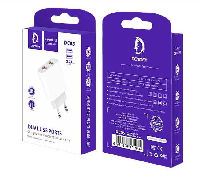 Denmen Ładowarka 2 x USB 12W Biała