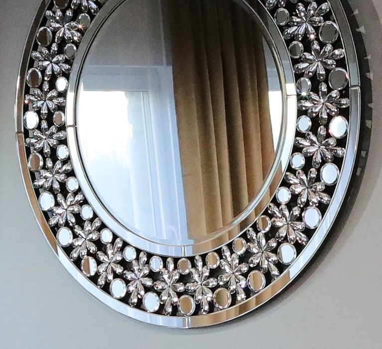 Srebrne lustro glamour okrągłe śr.90 cm M-0544