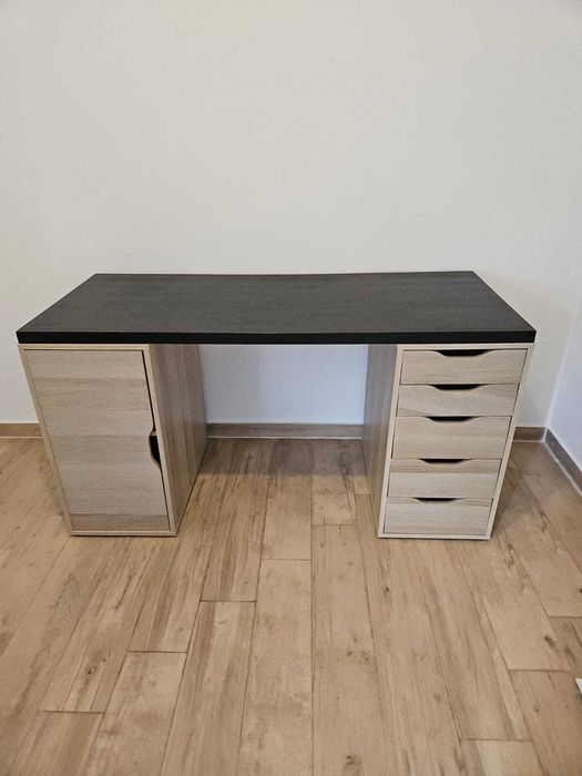 Secretária, ef carvalho c/velatura branca e preto-castanho, 140x60 cm